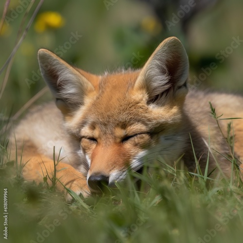  a fox sleeping in the grass with its head on the ground.  generative ai © Jevjenijs