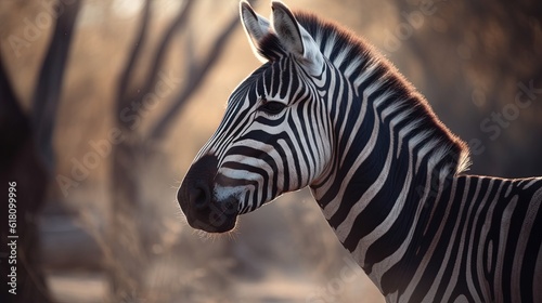  a close up of a zebra in a field near trees. generative ai