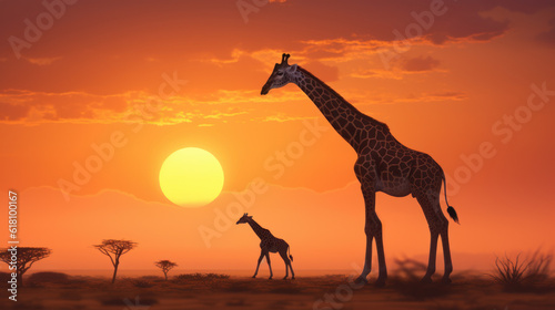 giraffes on Savannah landscape at sunset in Africa