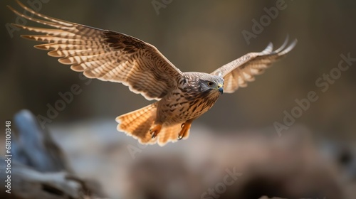  a bird of prey is flying in the air with its wings spread. generative ai