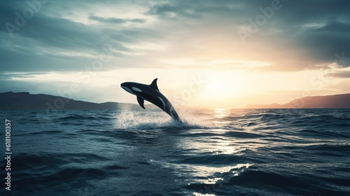  a dolphin jumping out of the water at sunset or sunrise. generative ai