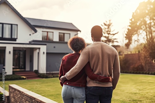 Happy homeowners. Loving couple African American embracing in front of new house. Man and woman standing outside their New Home photo