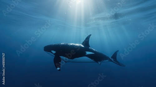  an orca swimming in the ocean with sunlight shining through the water.  generative ai