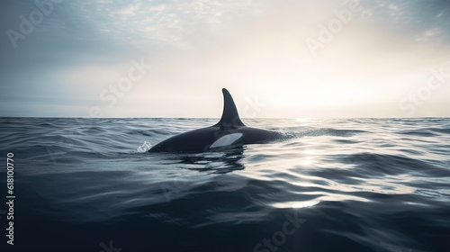  an orca swimming in the ocean with the sun shining through the clouds. generative ai