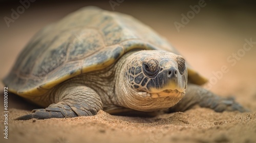  a close up of a turtle on a sandy ground with sand. generative ai
