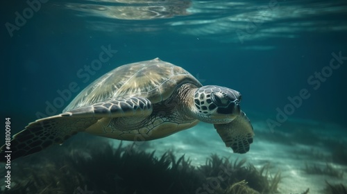  a turtle swimming in the ocean with its head above the water s surface.  generative ai