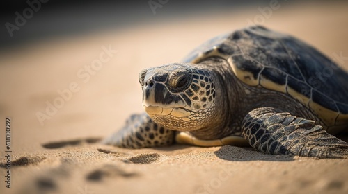  a close up of a turtle on a sandy beach with a blurry background. generative ai