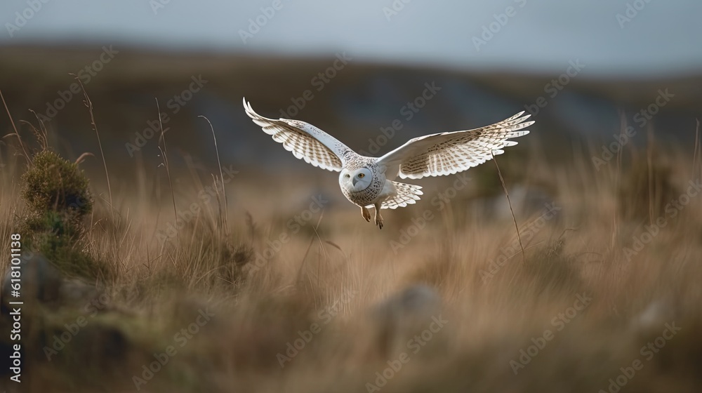a white owl flying over a dry grass covered field with a hill in the background. generative ai a white owl flying over a dry grass covered field with a hill in the background. generative ai