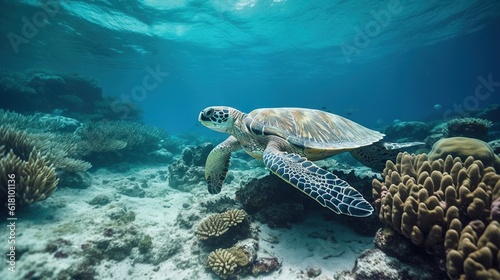  a turtle swimming over a coral reef in the ocean,.  generative ai © Jevjenijs