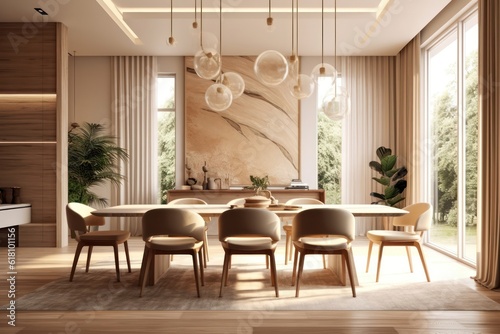 3D Render of a Spacious, Open-Concept Dining Room with Contemporary Furniture and Elegant Lighting © aboutmomentsimages