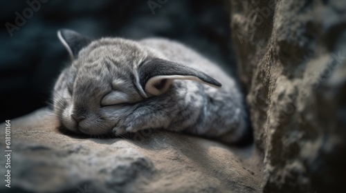  a cat sleeping on top of a rock next to a tree.  generative ai