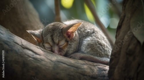 a cat sleeping on a tree branch with its eyes closed.  generative ai © Jevjenijs