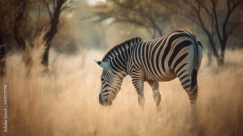  a zebra is standing in a field of tall brown grass. generative ai