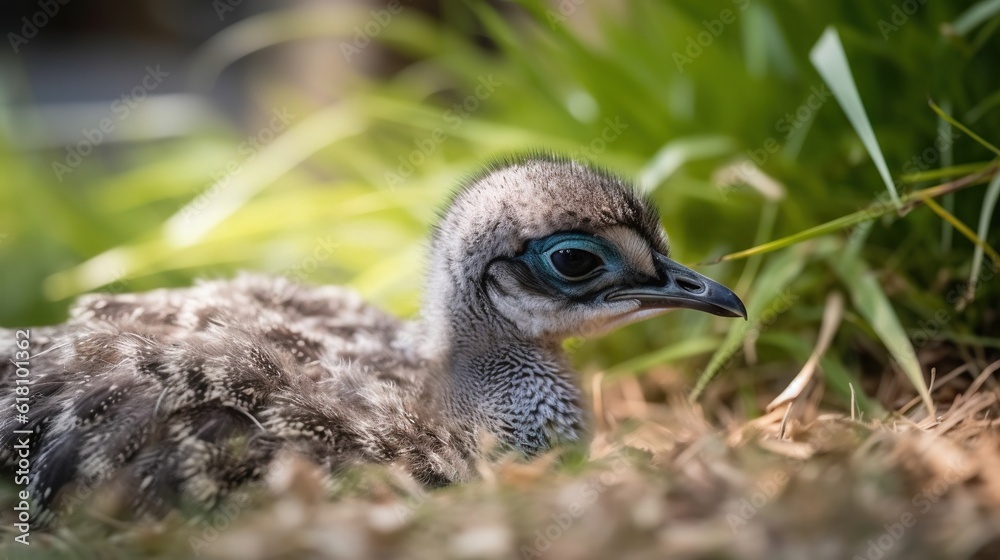 a baby bird with a blue eye laying in the grass. generative ai a baby bird with a blue eye laying in the grass. generative ai