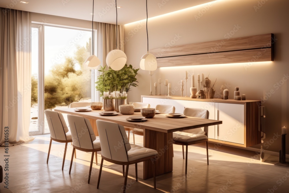 Fototapeta premium A Luxurious Dining Room with a Wooden Table, contemporary Decor, and Elegant Lighting