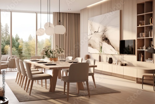 A Luxurious Dining Room with a Wooden Table, contemporary Decor, and Elegant Lighting