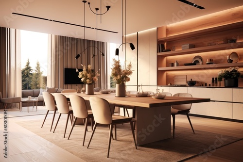 Stylish dining room of modern house. interior design 3d render