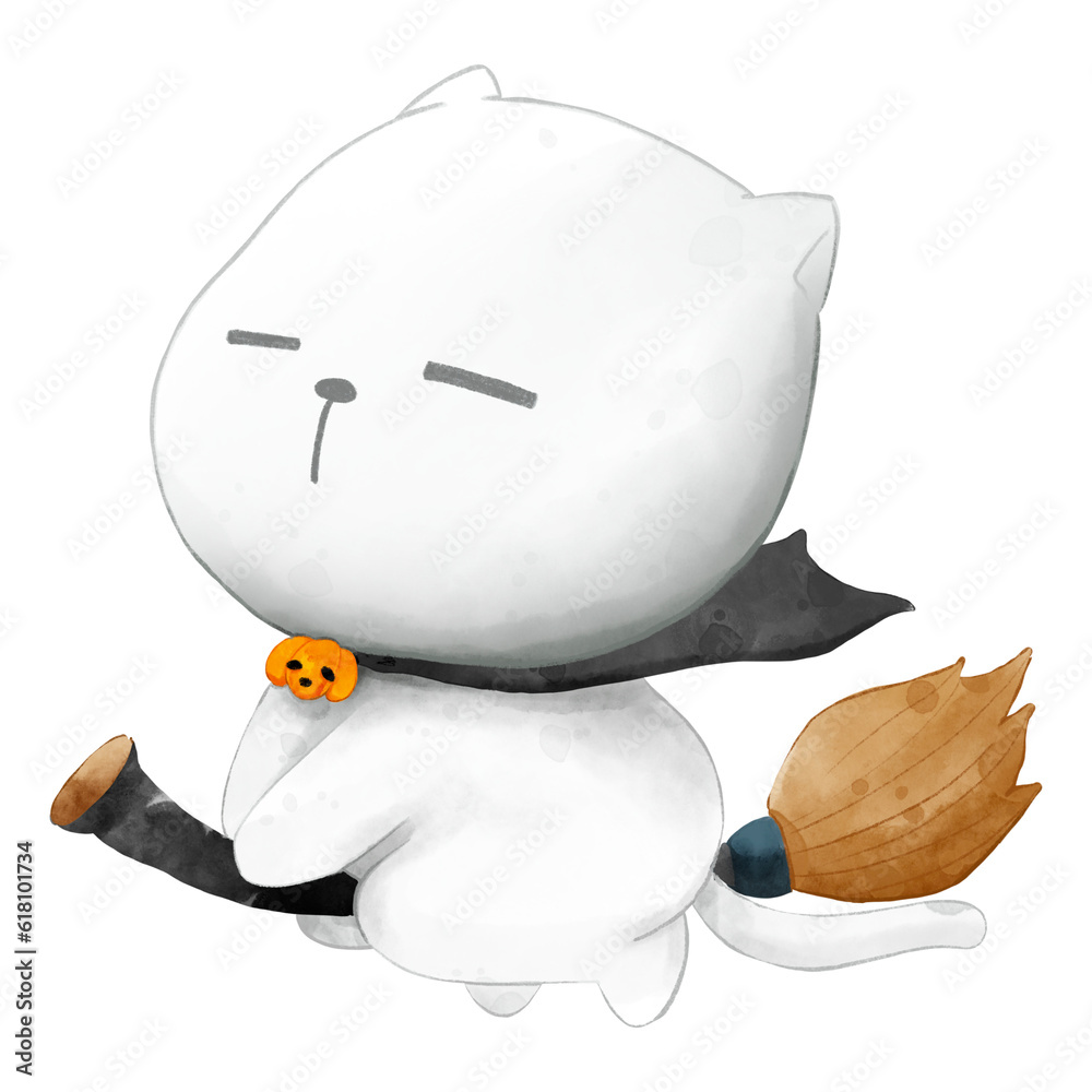 Fototapeta premium White cat riding a broomstick on Halloween
