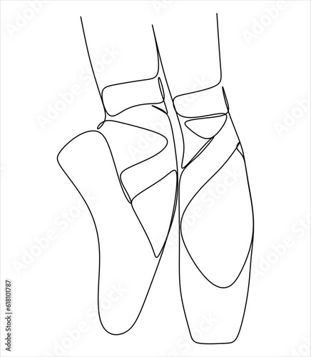 Isolated vector illustration. Hand drawn sketch of ballerina's feet in ballet shoes standing on pointe. Black and white linear silhouette.