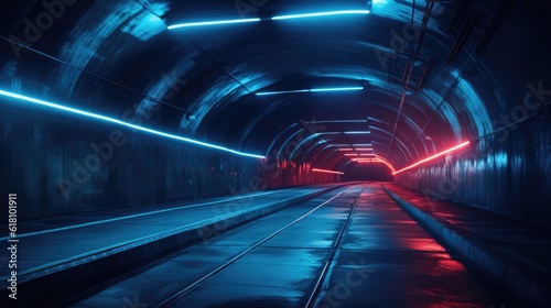 Abstract empty concrete tunnel interior perspective  with blue red neon lights, AI generated image © evannovostro