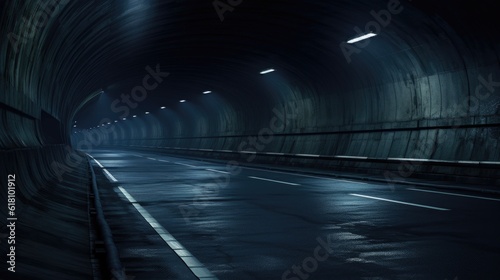 Abstract empty dark tunnel with neon lights, AI generated image