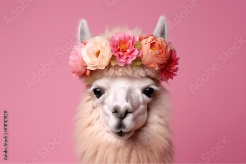 portrait of fluffy white llama wearing a flower crown on a pink background created with AI generative tools