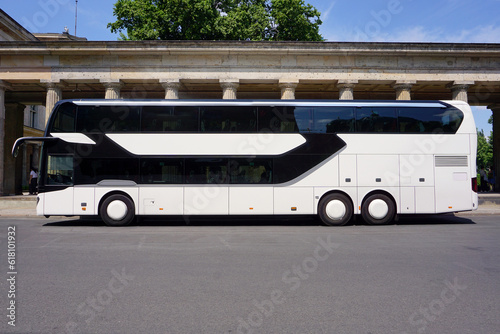 Double decker bus without bumper sticker with copy space for logo and lettering