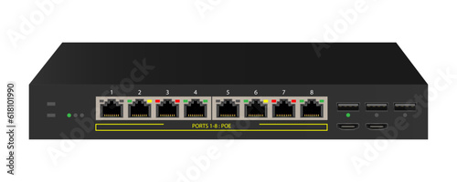 Network Switch. The ethernet switch with 8 ports, POE Port, Gigabit Port. Vector illustration.