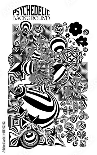 Vector groovy psychedelic background. Trippy rave cosmos graphic design template. Psy trance poster backdrop. Cool fun positive vibes funky geometric hippie psychedelia background