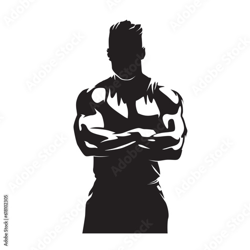 Bodybuilding instructor, isolated vector silhouette. Man with big muscles standing with folded arms