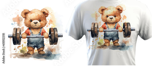 A cute teddy bear is holding a barbell. Illustration for postcards, prints, stickers for the fitness industry. Flat vector illustration