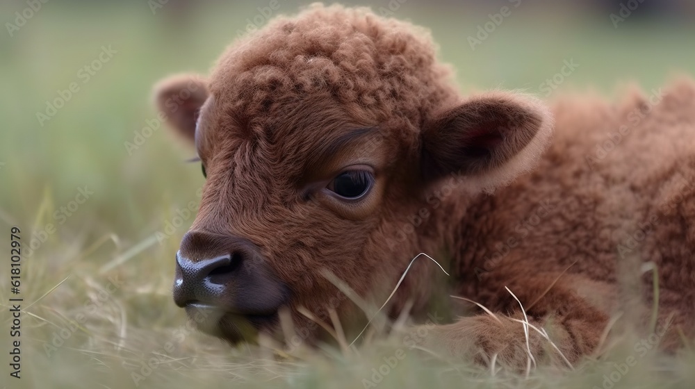  a baby cow laying in a field of grass looking at the camera.  generative ai