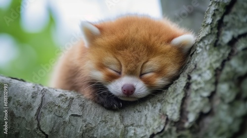  a small orange and white animal sleeping on a tree branch.  generative ai