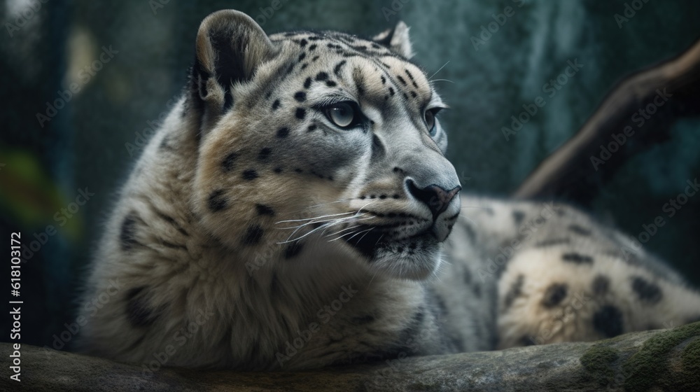 a white snow leopard laying on top of a tree branch. generative ai a white snow leopard laying on top of a tree branch. generative ai