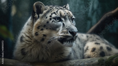  a white snow leopard laying on top of a tree branch.  generative ai