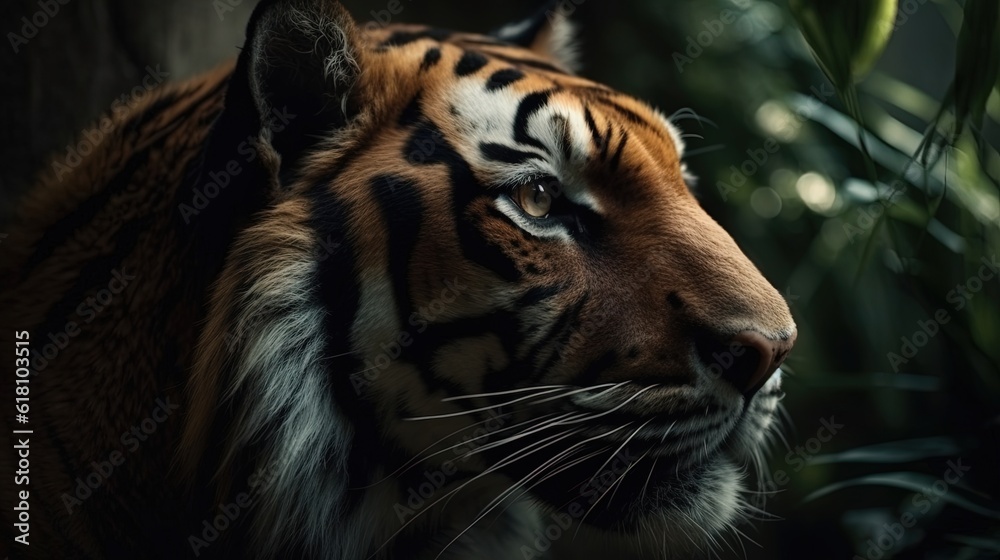a close up of a tiger near a tree with leaves. generative ai a close up of a tiger near a tree with leaves. generative ai