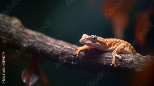  a gecko sitting on a branch in the dark with a blurry background. generative ai