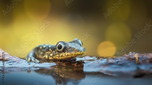  a frog is sitting on a rock in a pond of water.  generative ai © Jevjenijs