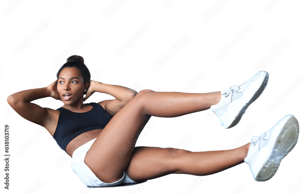 Image of young woman in sportswear doing crunches on a transparent background Image of young woman in sportswear doing crunches on a transparent background