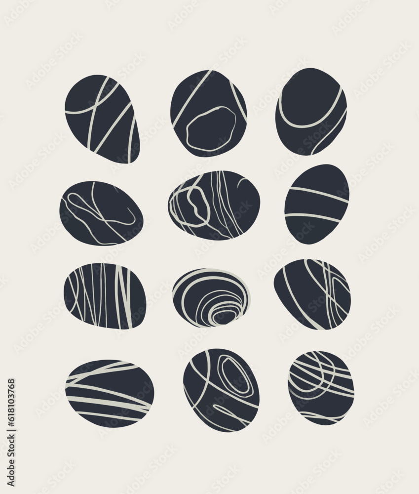 Set of gray textured stones isolated on white background. Beautiful sea pebbles. Vector shabby hand drawn illustration Set of gray textured stones isolated on white background. Beautiful sea pebbles. Vector shabby hand drawn illustration