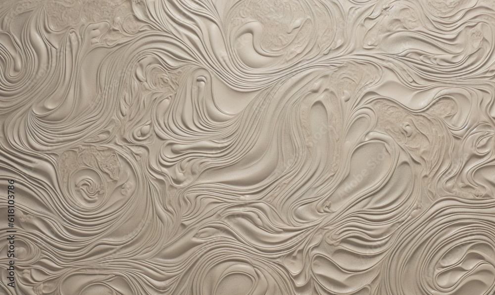  a close up of a wall with a pattern of wavy lines and curves in white and beige colors, with a black and white cat on the right side of the wall.  generative ai