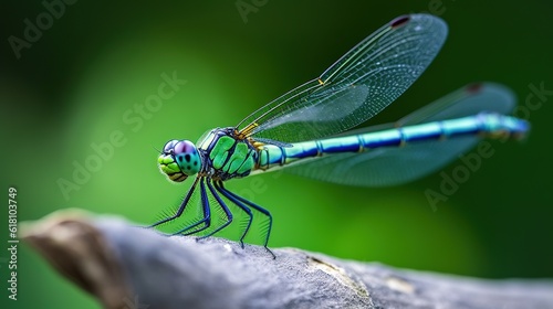  a blue dragonfly sitting on top of a piece of wood.  generative ai © Jevjenijs
