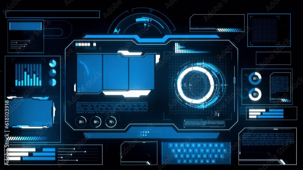Futuristic HUD display with sci fi elements. Blue digital data interface. Future technology screen. Cyberspace. Uploading ui system.