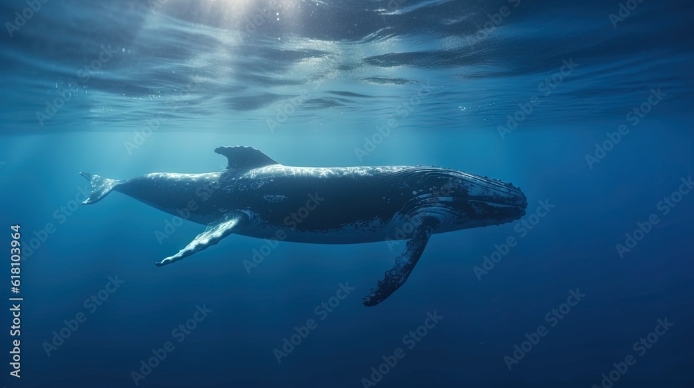  a humpback whale swims under the surface of the water.  generative ai