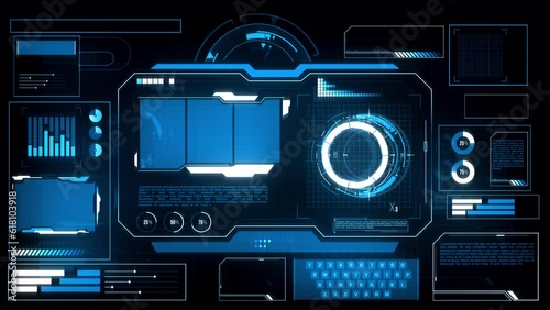 Futuristic HUD display with sci fi elements. Blue digital data interface. Future technology screen. Cyberspace. Uploading ui system.