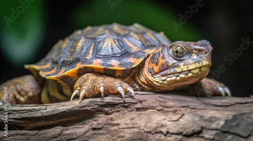  a close up of a turtle on a tree branch with a blurry background.  generative ai © Jevjenijs