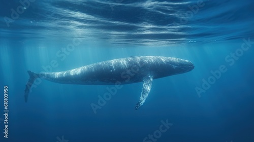  a large gray whale swims under the water's surface. generative ai