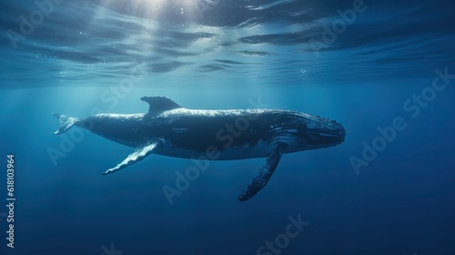  a humpback whale swims under the surface of the water.  generative ai © Jevjenijs