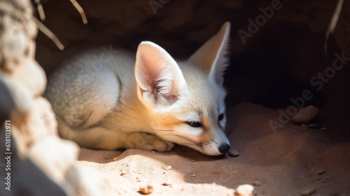  a small white fox laying on top of a sandy ground.  generative ai