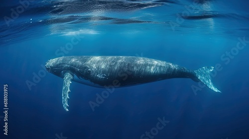  a large gray whale swims under the surface of the water. generative ai